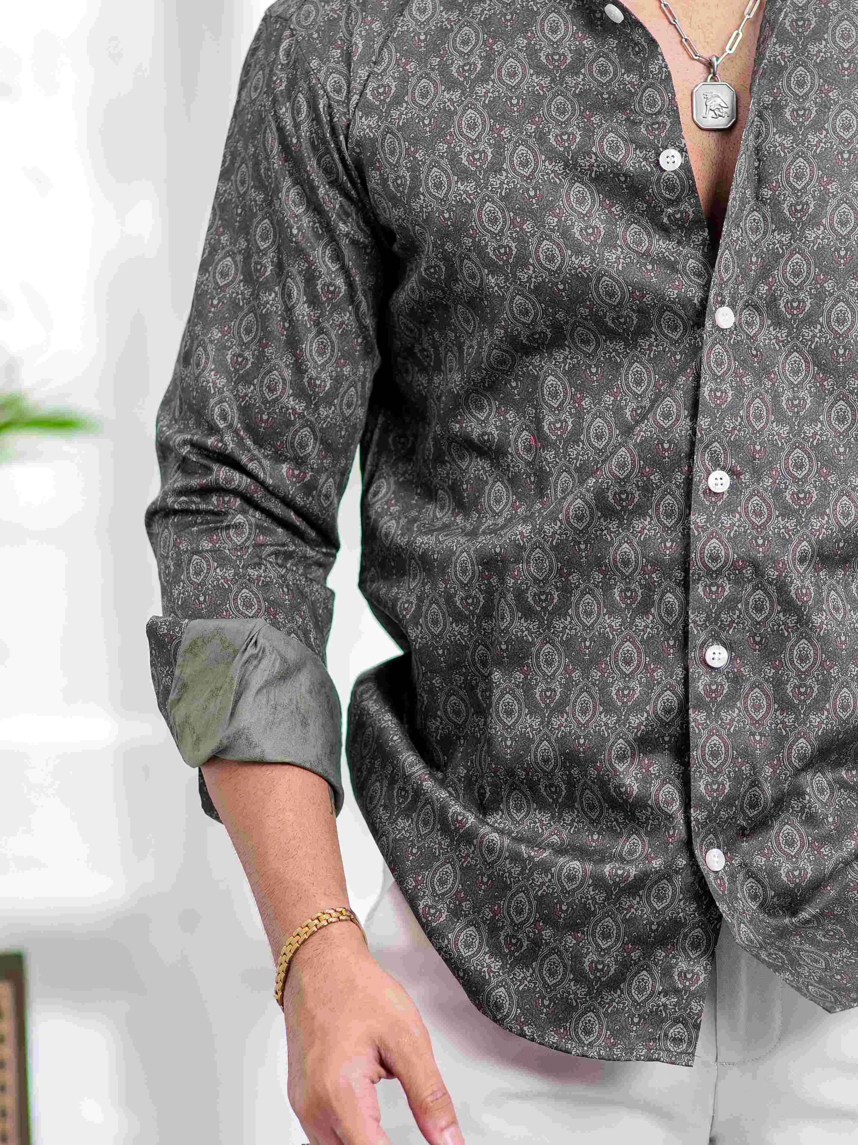 Dark Green Satin Print Premium Shirt