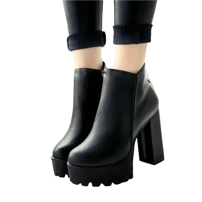 Women's Black Ankle Boots – Side Zipper, 12cm Thick High Heel Platform Winter Fashion Shoes